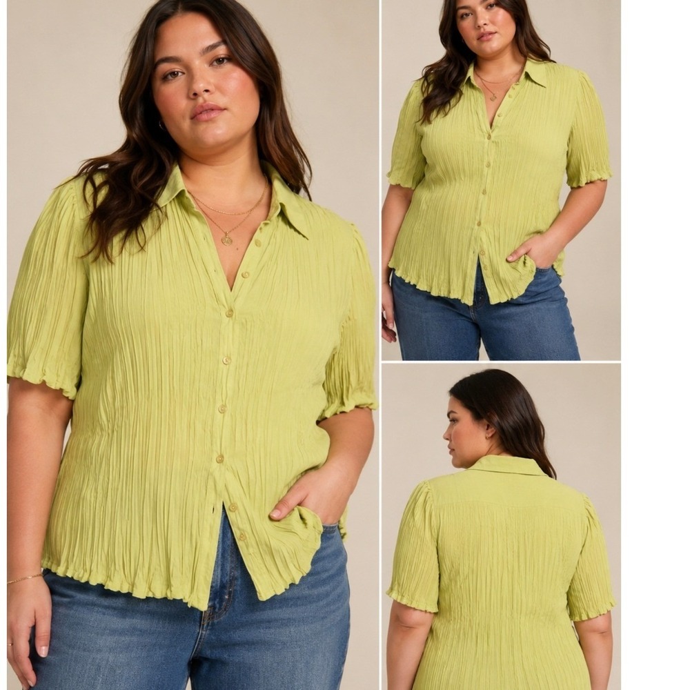 Sunny Taylor Earthy 1X S Green Crinkle Pleated Button Down Shirt Short Sleeve